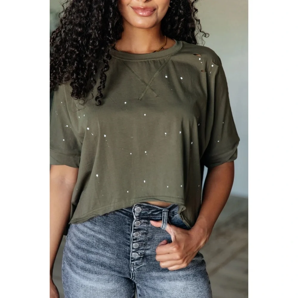 NEW! Olive Curved Hi Lo Hem Splatter Detail Half Sleeve Top! - Picture 5 of 8